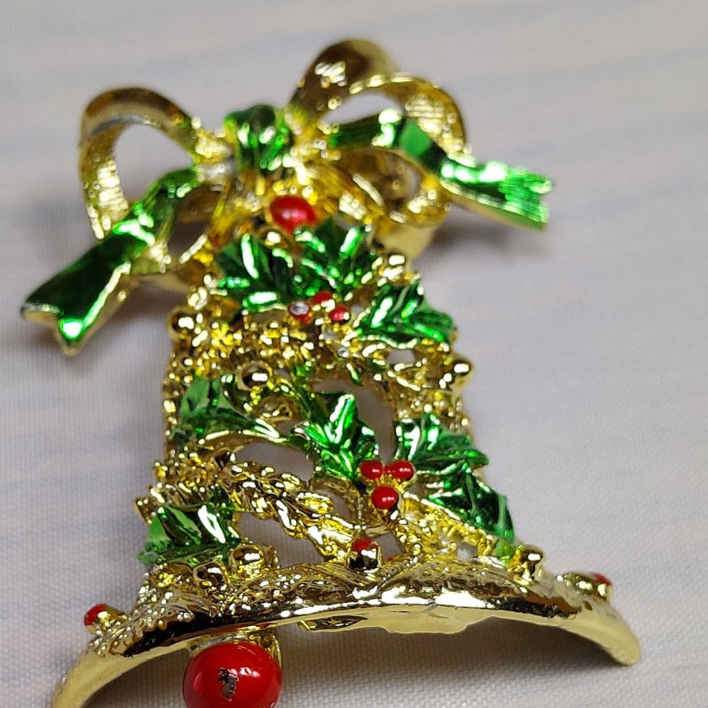 Christmas Holiday Rhinestone Gold Dangler Bell Brooch Sparkler Pin Red Green